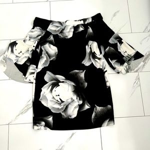 Venus Black and White Floral off-shoulder Bell Sleeve cocktail party dress 1X
